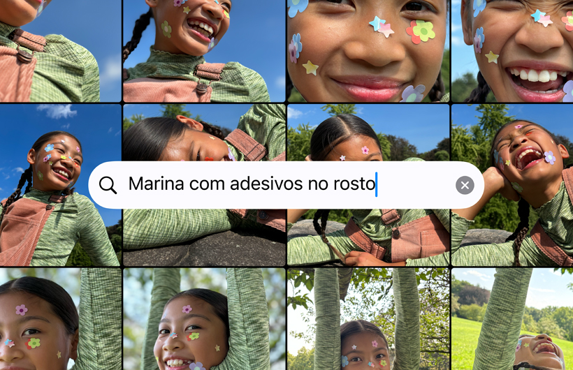 Grade de fotos com base no texto inserido: Katie com adesivos no rosto.