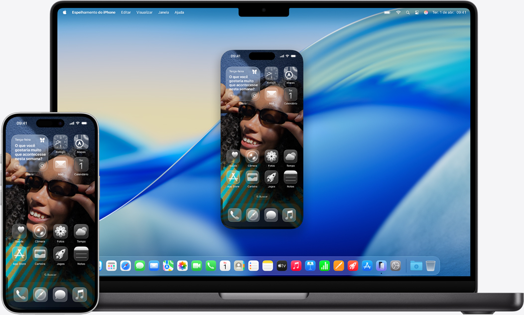 Um iPhone e um MacBook lado a lado mostrando o efeito de espelhamento no MacBook. Os widgets Calendário e Notas ficam na parte superior da tela, os apps, na parte inferior