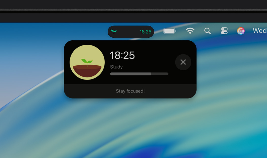 Parte superior da tela do Mac mostrando a barra de menus com uma Atividade ao Vivo expandida do app Forest