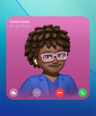 Pôster de Contato do FaceTime, Genmoji no centro, nome da pessoa no canto superior esquerdo, ícones para responder, mais opções, desligar e atender na parte inferior