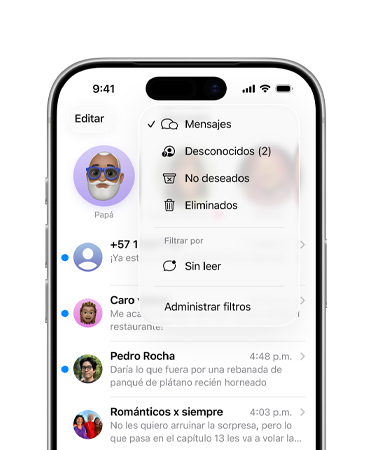 iPhone, dos tercios superiores de la pantalla mostrando la app Mensajes con las nuevas herramientas que filtran números desconocidos y los ubica en una sección llamada Remitentes Desconocidos