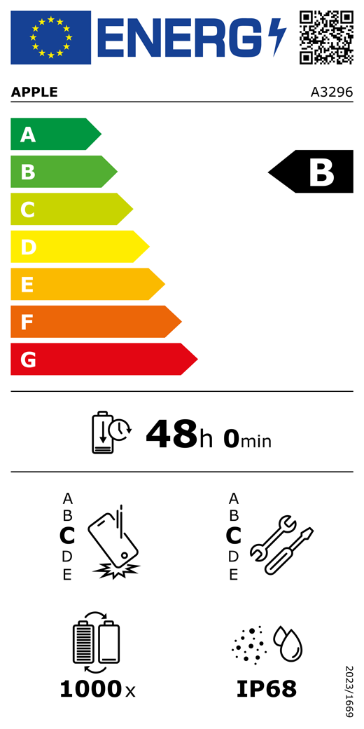 QR kód a informace na energetickém štítku EU, model Apple A3296, třída B, třídy energetické účinnosti (se stupnicí od A do G), A (nejvyšší účinnost) až G (nejnižší účinnost), výdrž baterie na jeden cyklus, 48 hodin a 0 minut na plné nabití baterie, třída spolehlivosti při opakovaném volném pádu C, A (nejvyšší odolnost) až E (nejnižší odolnost), třída opravitelnosti C, A (nejlepší opravitelnost) až E (nejhorší opravitelnost), životnost baterie 1000 cyklů, stupeň ochrany proti vniknutí prachu a vody (IP) IP68, nařízení 2023/1669
