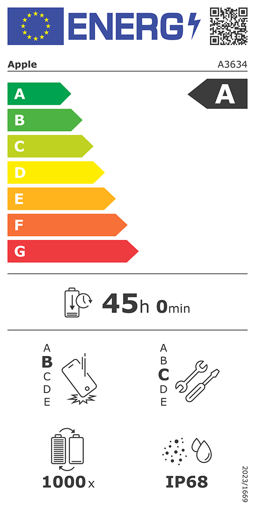 QR kód a informace na energetickém štítku EU, model Apple A3634, třída A, třídy energetické účinnosti (se stupnicí od A do G), A (nejvyšší účinnost) až G (nejnižší účinnost), výdrž baterie na jeden cyklus, 42 hodin a 0 minut na plné nabití baterie, třída spolehlivosti při opakovaném volném pádu B, A (nejvyšší odolnost) až E (nejnižší odolnost), třída opravitelnosti C, A (nejlepší opravitelnost) až E (nejhorší opravitelnost), životnost baterie 1000 cyklů, stupeň ochrany proti vniknutí prachu a vody (IP) IP68, nařízení 2023/1669