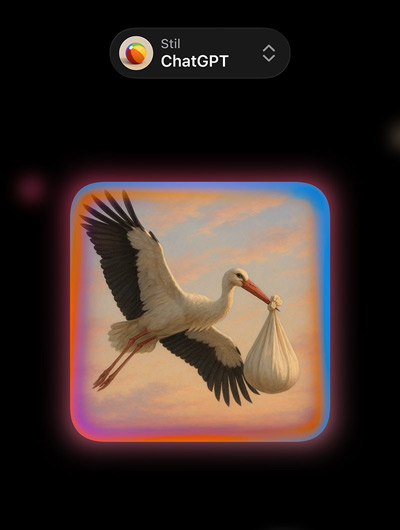Image Playground Display mit einem Bild eines fotorealistischen Storchs, der ein Bündel im Schnabel trägt, und Optionen für benutzerdefinierte Bildstile von ChatGPT
