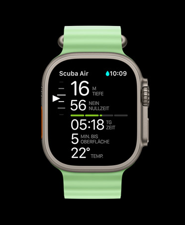 Apple Watch Ultra 3, Farbe Natur, Titangehäuse, Oceanic+ Tauchgangsmetriken: Tiefe, Dekozeit, Tauchzeit, Minuten zur Oberfläche, Wassertemperatur, Ocean Armband, Farbe Neongrün