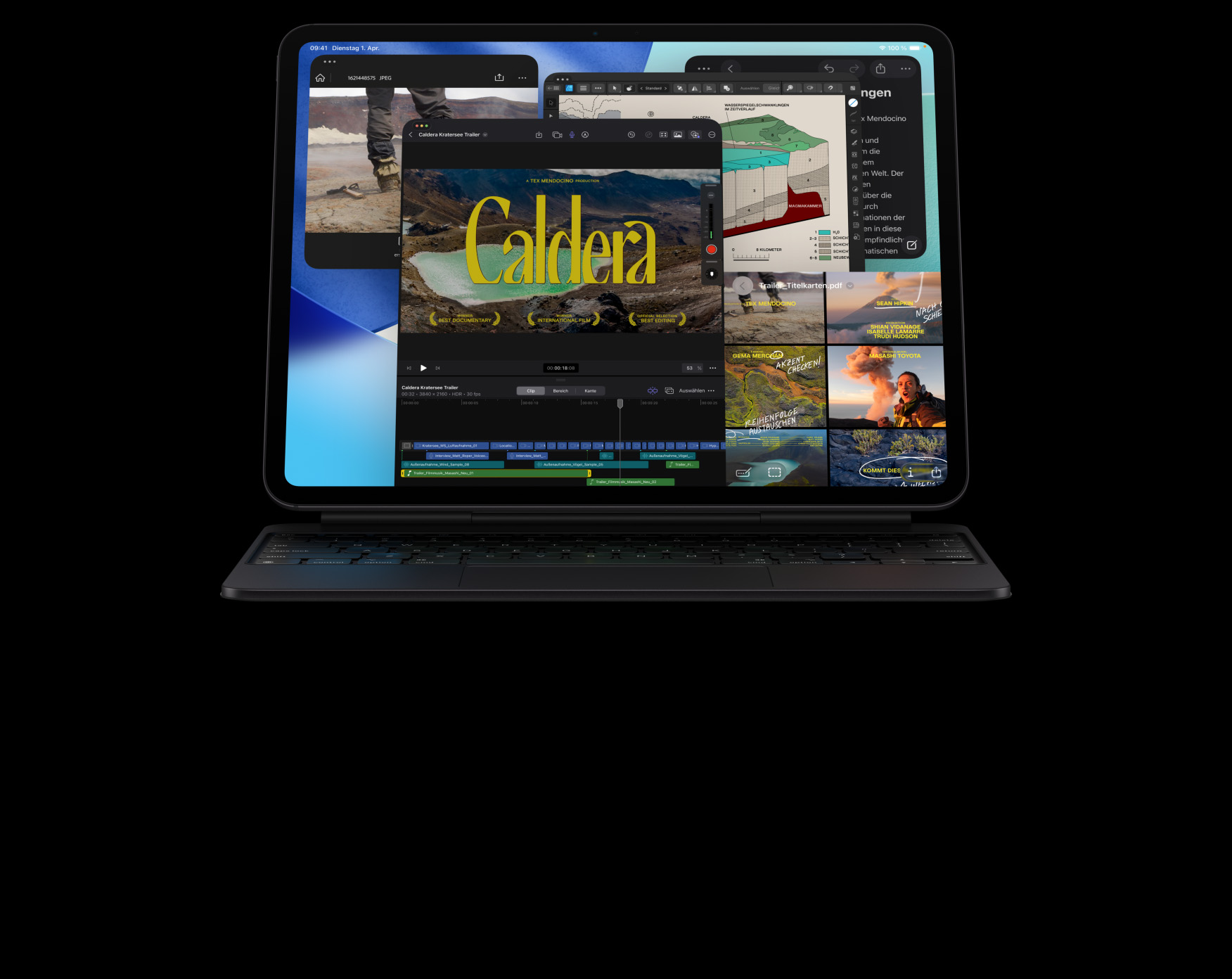 iPad Pro, Vorderansicht, Querformat, Farbe Space Schwarz, befestigt am Magic Keyboard in Space Schwarz, das Display zeigt mehrere App Fenster, darunter Final Cut Pro mit mehreren Videobearbeitungsfeatures und Timeline, Karten, Notizen, Medienclips