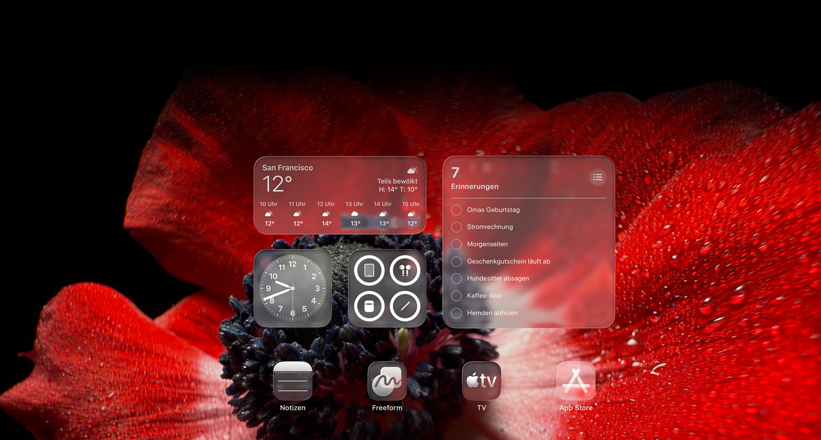Ein Sperrbildschirm mit App Symbolen für Wetter, Erinnerungen und Uhr aus komplett transluzentem Liquid Glass, Licht brechender Hintergrund