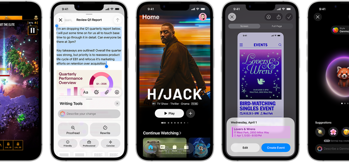 Kõrvuti asetsevad iPhone 17e seadmed erinevate ekraanikuvadega: mängimisel olev mäng, Writing Tools tööriist, Apple TV rakendus, loomisel olev kalendrisündmus, loomisel olev Genmoji