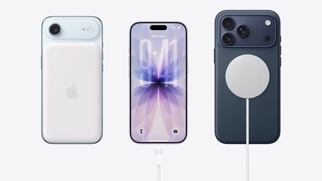Dispositivos uno al lado del otro, parte trasera de un iPhone Air con una batería MagSafe acoplada, parte delantera de un iPhone 17 que muestra la pantalla de borde a borde, cable de carga USB-C junto al conector, parte trasera de un iPhone 17 Pro con un cable de carga MagSafe acoplado
