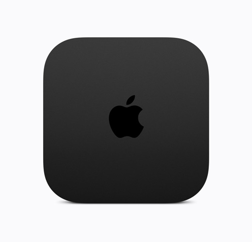 Apple TV 4K, sort, vist fra oven, skinnende sort Apple TV-logo