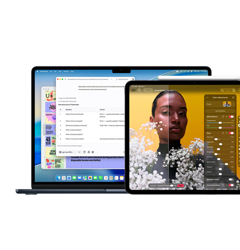 Ecrã do Mac a mostrar a Apple Intelligence, um ecrã do iPad a mostrar o Pixelmator Pro
