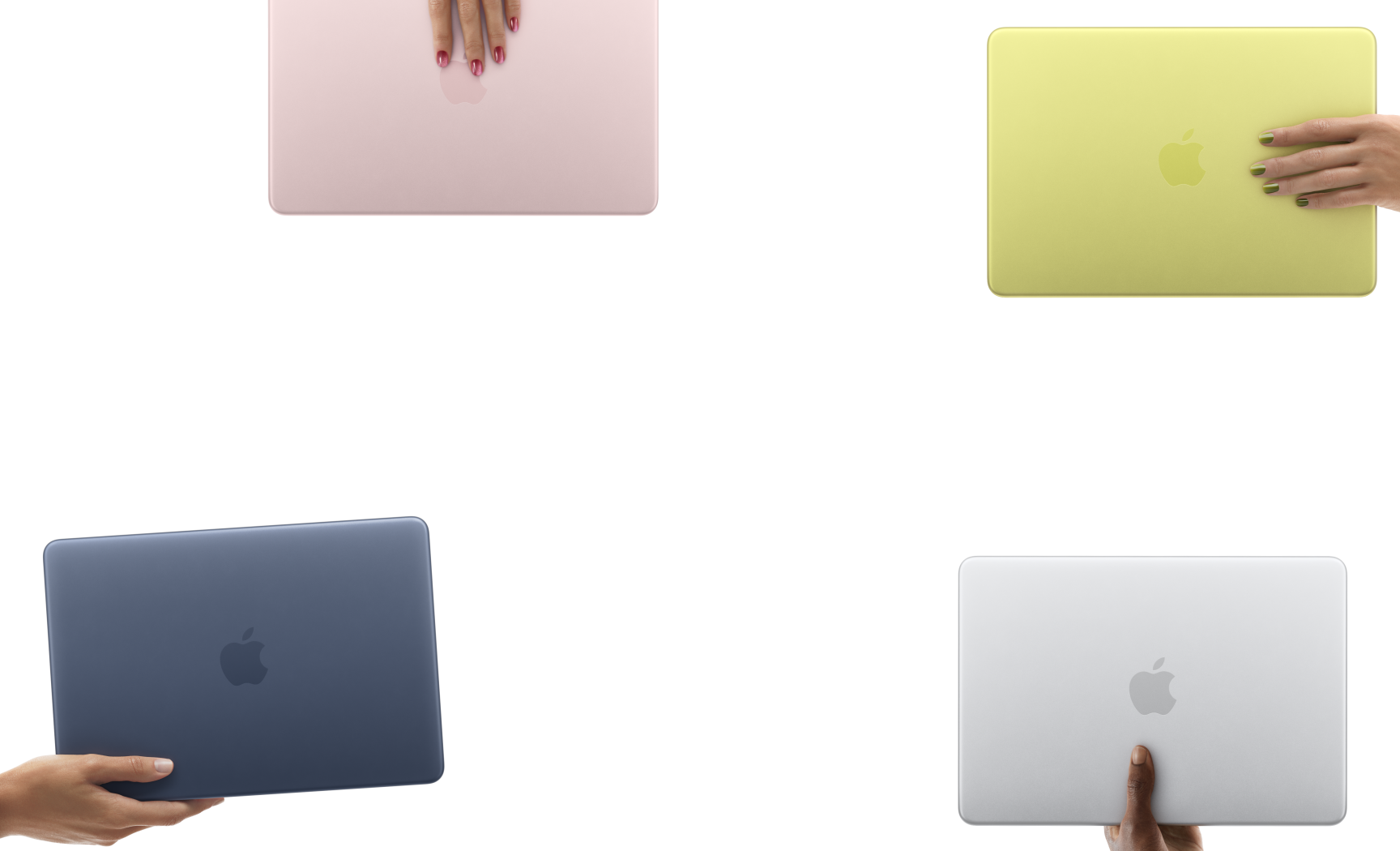 MacBook Neo-modeller i forskellige farver, som hver især holdes af forskellige personer