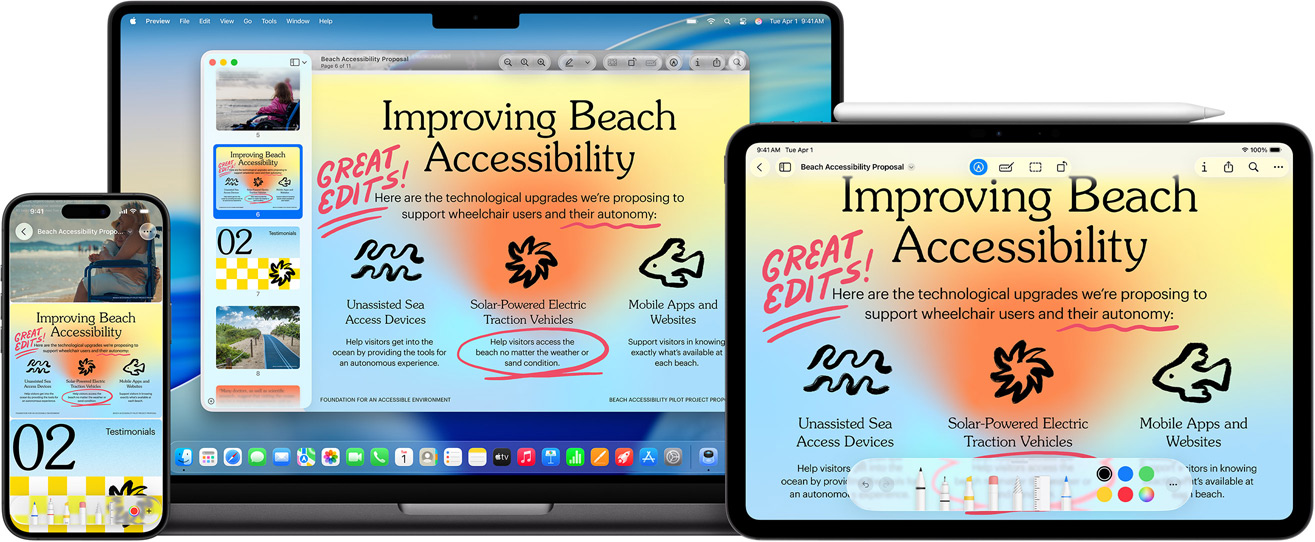Mehrere Apple Geräte, das gleiche Bild auf jedem Gerät, ein Apple Pencil wurde verwendet, um das Bild auf dem iPad zu markieren, die Markierungen werden auf den anderen Geräten übernommen