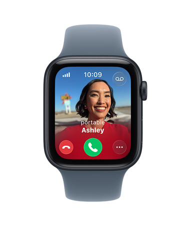 Apple Watch SE 3, boîtier en aluminium, minuit, appel entrant, photo du contact, boutons pour accepter et rejeter l’appel, côté droit, Digital Crown, Bracelet Sport, brume violette