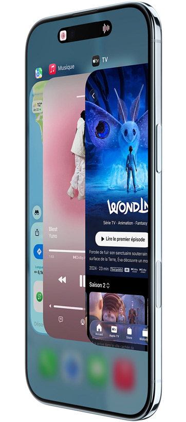 iPhone Air, face avant, côté, avec les apps Plans, Musique et Apple TV+, présentant la fonctionnalité Sélecteur d’app en cours d’utilisation