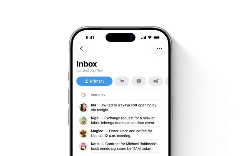iPhone 展示郵件 app 的收件箱，重要訊息置於頂部