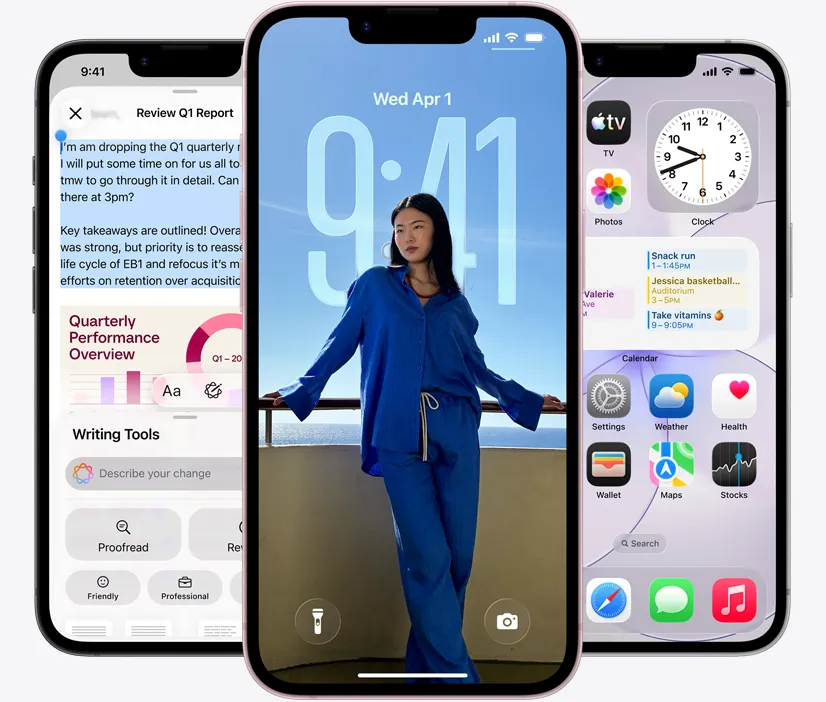 Three iPhone 17e devices, front exterior, screenshot featuring Writing Tools in use, Lock Screen showing a photo of a person, and Home Screen showing calendar events