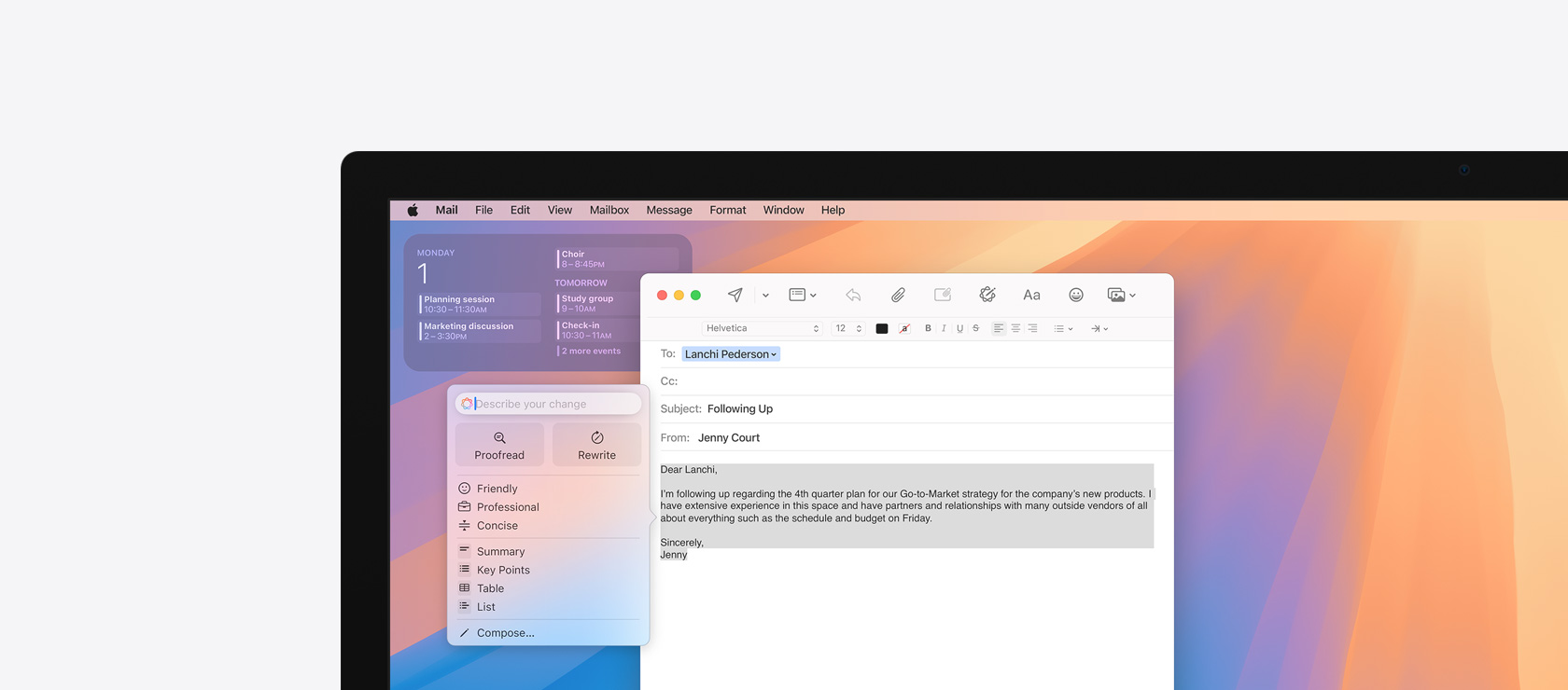 螢幕顯示在郵件 app 內的 Apple Intelligence 書寫工具。