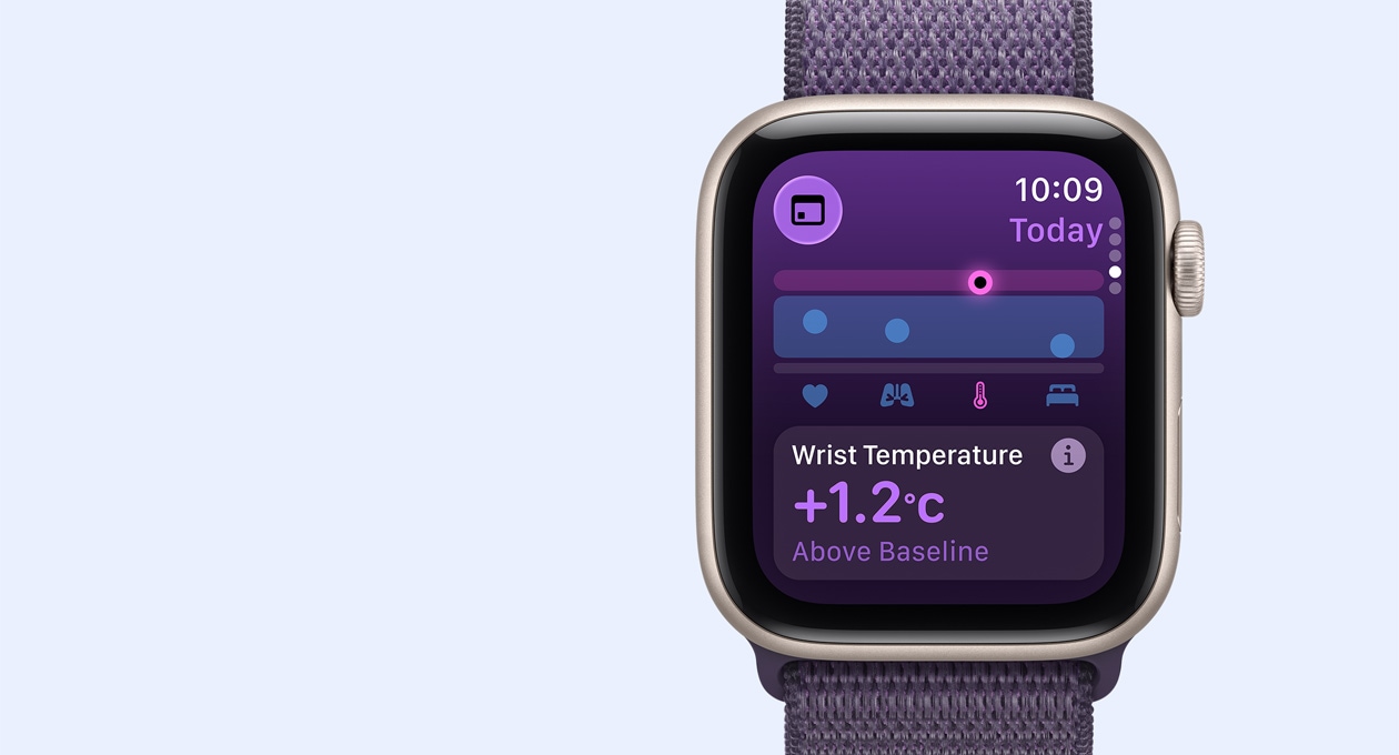 Apple Watch SE 3, csillagfény alumíniumtok, csuklóhőmérséklet mérőszámai, jobb oldali nézet, Digital Crown, ködös lila sportpánt
