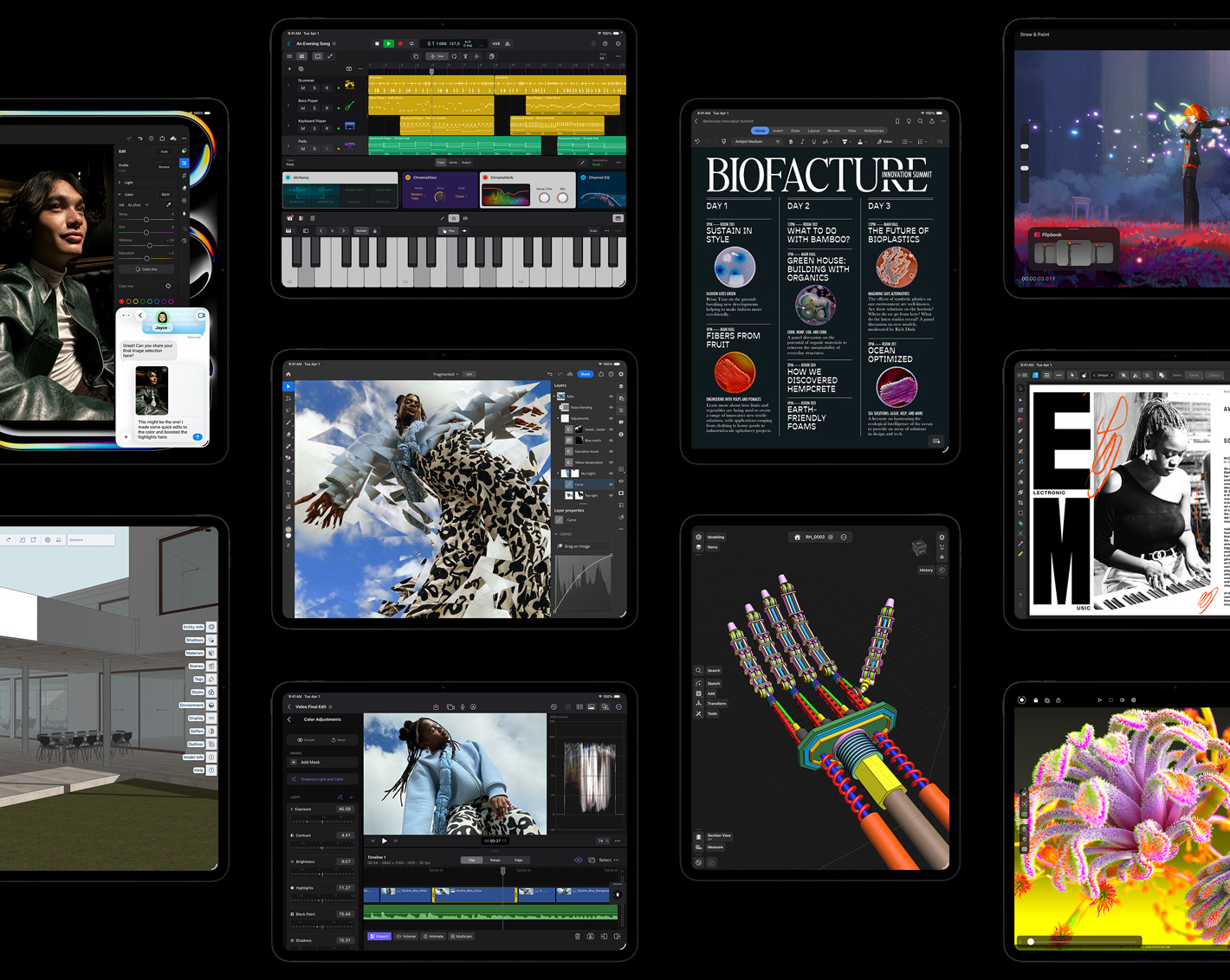 Tíz iPad Pro mutatja be az iPadOS kezelőfelületét kreatív projekteket tartalmazó különböző appokkal, mint a Logic Pro, Adobe Lightroom, Adobe Photoshop, Trimble SketchUp, Microsoft Word, Procreate Dreams, Affinity Designer 2, Shapr3D