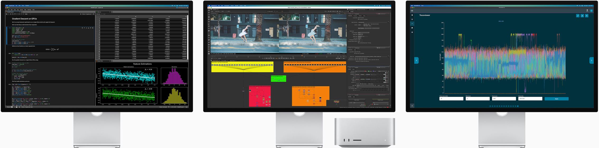 A Mac Studio és három Studio Display, mindegyik kijelzőn más-más macOS-alkalmazás képével