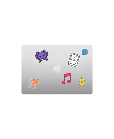 MacBook Air, eksterior atas, tertutup, warna perak, stiker warna-warni mengelilingi logo Apple