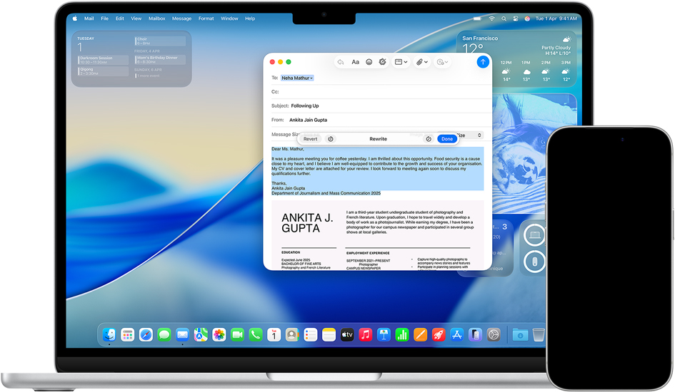 Mac showing Writing Tools and iPhone showing messages with Live Translation
