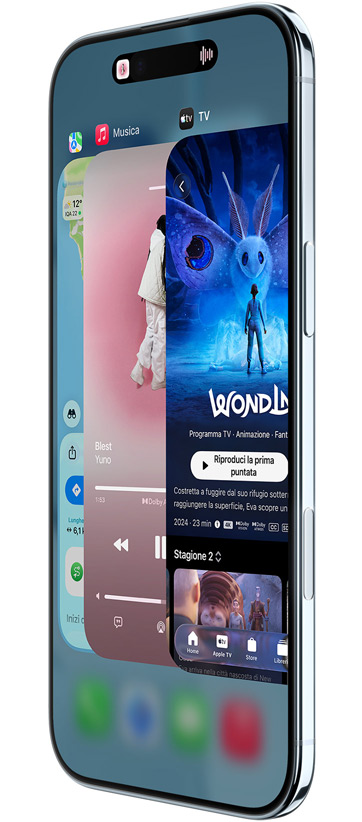 iPhone Air mostrato da davanti e di lato, con le app Mappe, Music e Apple TV Plus, elenco applicazioni in uso