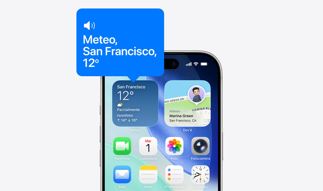 Schermata home dell’iPhone, icona del widget meteo, fumetto con il testo letto ad alta voce da VoiceOver