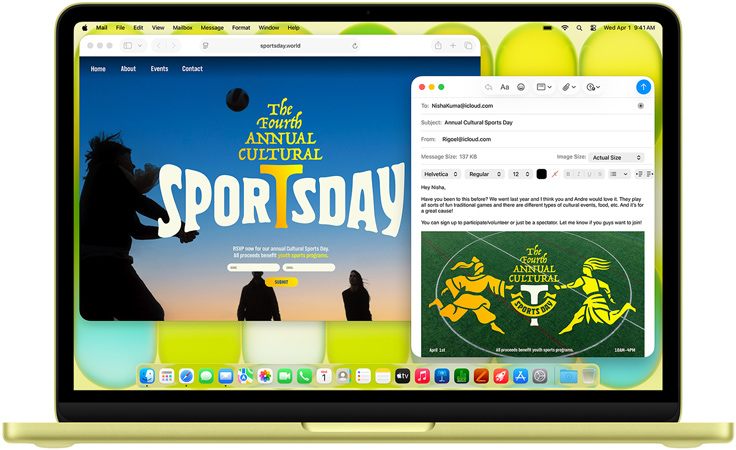 Citrusų spalvos „MacBook Neo“, žmogus rašo el. laišką su kvietimu į meno parodą, šalia atidaryta renginio svetainė