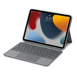 Top down view of iPad Air with Magic Keyboard in white.
