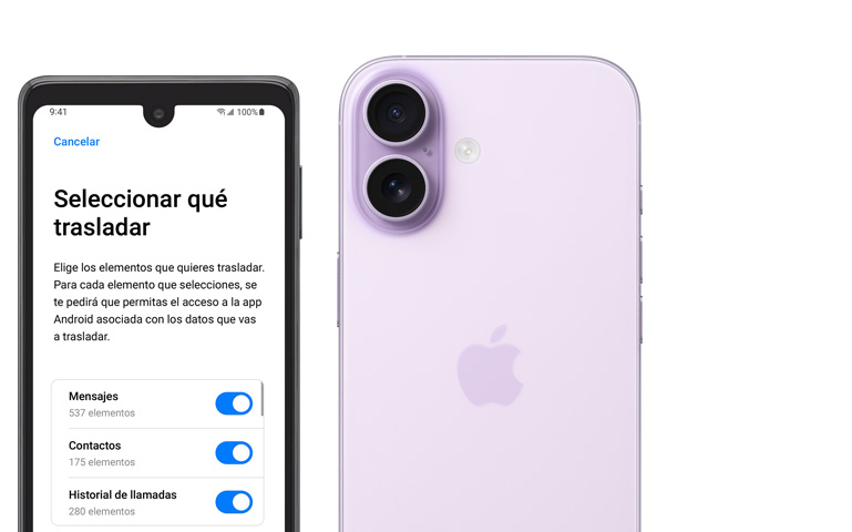 Un dispositivo al lado del otro, pantalla de un teléfono Android que muestra la app Trasladar a iOS, iPhone 17, parte posterior, sistema avanzado de dos cámaras en la esquina superior izquierda