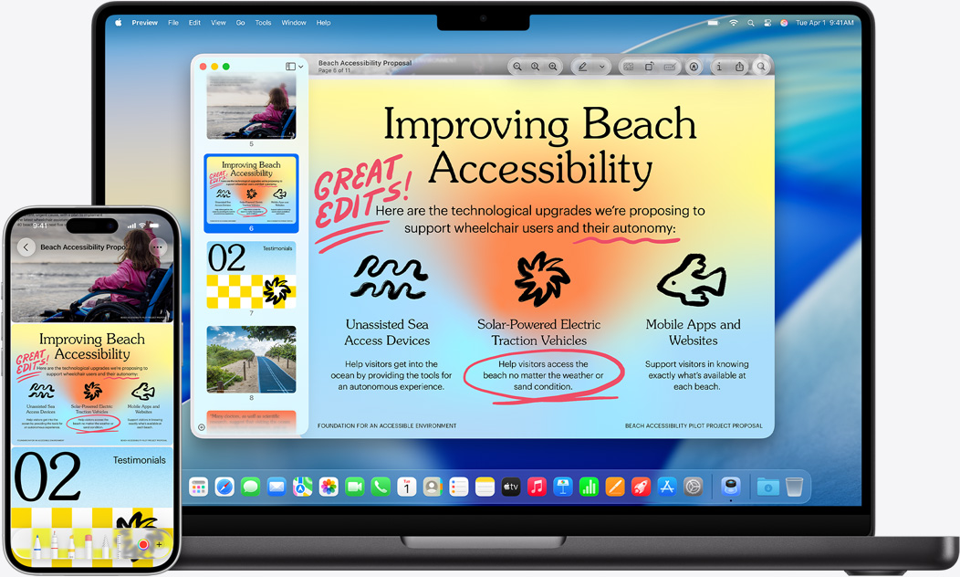 iPhone i MacBook ustawione obok siebie, na MacBooku widać efekt klonowania. Widżety Kalendarza i Notatek u góry ekranu, apki u dołu.