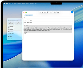 Ecranul unui MacBook Air ce arată Instrumente de scris Apple Intelligence cu care se compune un e-mail