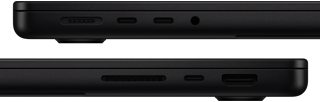Prezentare porturi MacBook Pro — partea stângă: MagSafe 3, două porturi Thunderbolt și mufă pentru căști — partea dreaptă: slot pentru card SDXC, un port Thunderbolt și HDMI