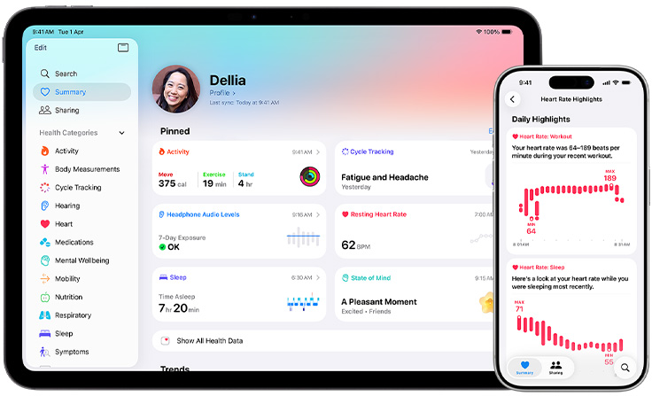 Health app with summary of health information including activity, cycle tracking, headphone audio levels, resting heart rate, sleep and state of mind