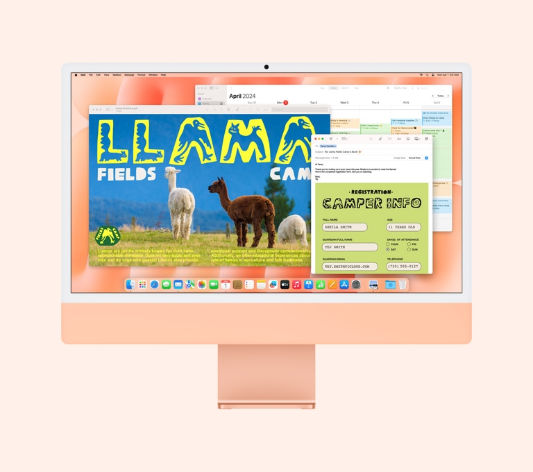 Oranžový iMac: Obrazovka zobrazuje spustené apky Preview, Mail a Kalendár.