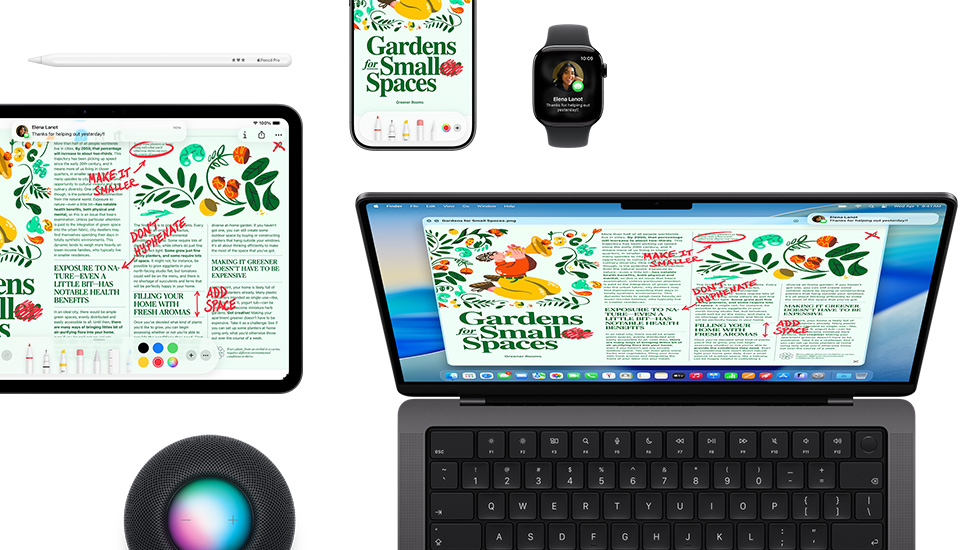 ชุดอุปกรณ์ที่ประกอบด้วย iPad, iPhone, Watch และ Mac โดยอุปกรณ์ทั้งหมดแสดงคอนเทนต์เดียวกัน
