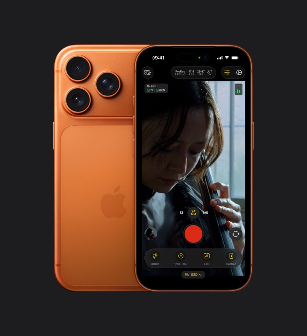 iPhone 17 Pro’nun ekranında çello çalan bir kadının videosunun çekildiği görülüyor, ProRes RAW özelliği vurgulanıyor