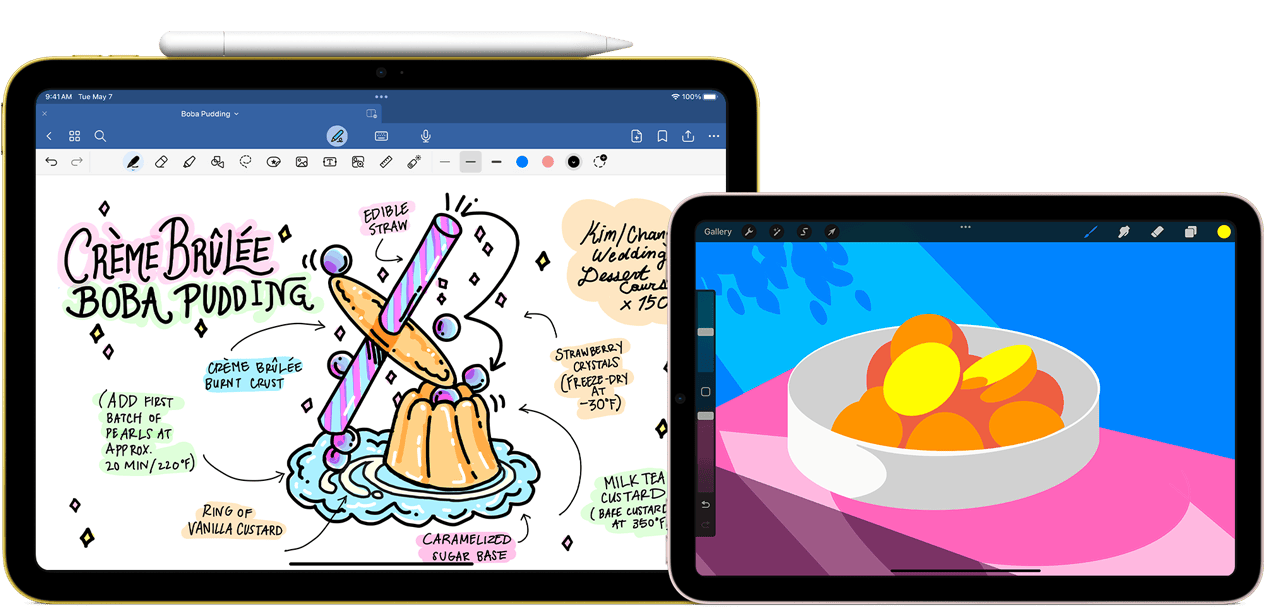 Vasemmalla iPad vaakasuunnassa, näkyvillä olevassa kuvassa on muistiinpanoja ja piirros. Apple Pencil USB-C on kiinnitetty yläreunaan. Oikealla vaakasuunnassa oleva iPad mini, jonka näytöllä näkyy ProCreatella tehty värikäs piirros.