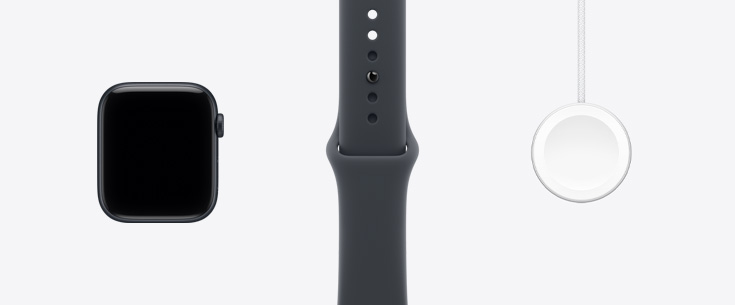 Apple Watch SE 3, aluminum case, midnight color, front exterior, edge-to-edge display, midnight color Sport Band, Apple Watch Magnetic Fast Charger to USB-C Cable
