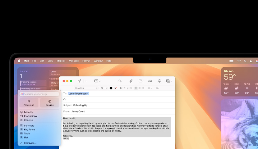 Un ordinateur de bureau Mac affiche un e-mail professionnel incluant un prompt destiné à Apple Intelligence. Le widget Calendrier est visible derrière la fenêtre de l’e-mail.