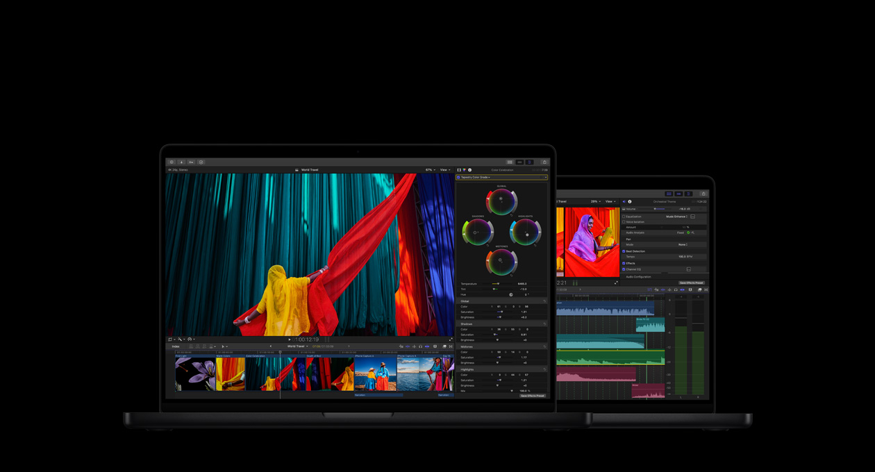 MacBook Pro รุ่น 16 นิ้ว แสดงเครื่องมือการปรับโทนสี, ผู้หญิงในชุดส่าหรีสีเหลืองพร้อมผ้าสีแดงอยู่หน้าพื้นหลังสีฟ้า, MacBook Pro รุ่น 14 นิ้ว แสดงหน้าจอการตัดต่อที่แสดงคลื่นเสียงและเครื่องมือ EQ