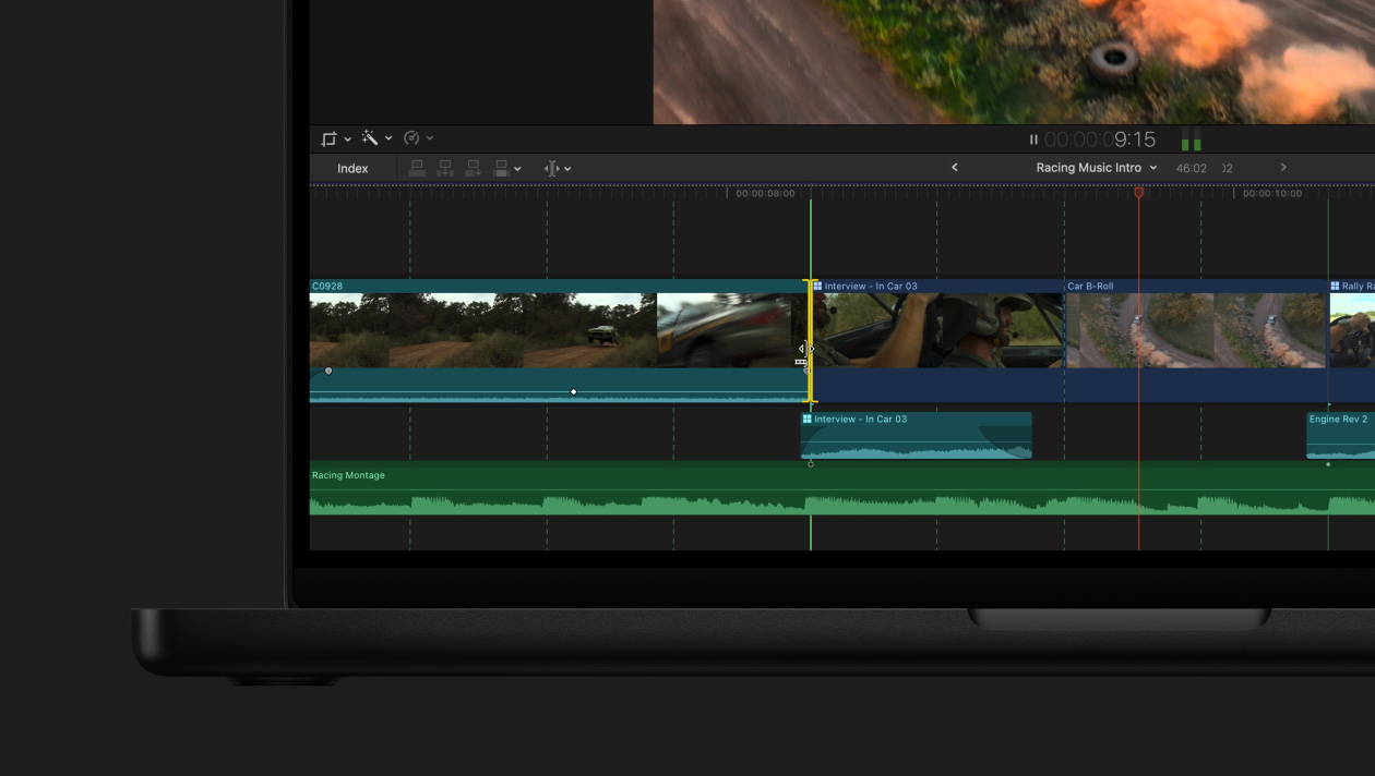 MacBook Pro รุ่น 16 นิ้ว, หน้าจอแสดงการแข่งรถพร้อมการสาธิตการใช้งานคุณสมบัติ Beat Detection