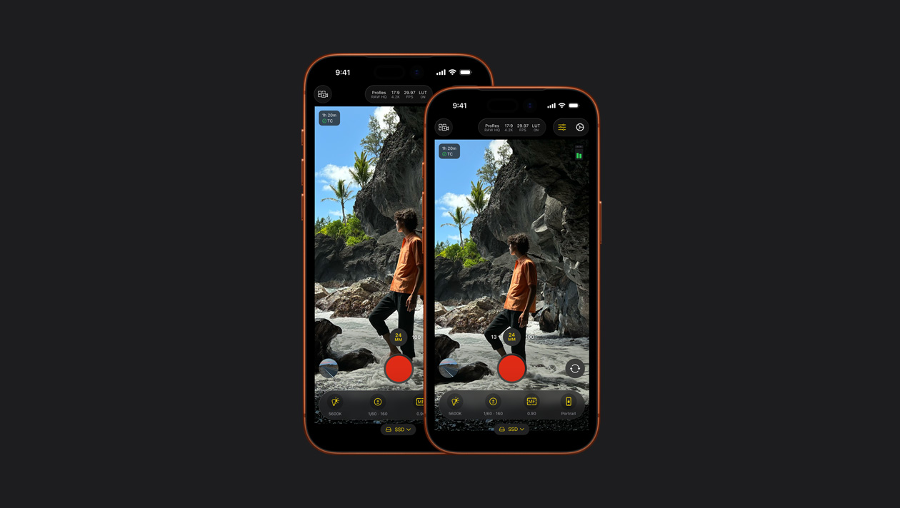 หน้าจอ iPhone 17 Pro และ iPhone 17 Pro Max แสดงชายคนหนึ่งอยู่บนชายหาดที่มีโขดหิน, การสาธิตกล้อง Final Cut