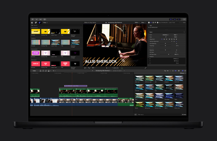 MacBook Pro รุ่น 16 นิ้ว, การตัดต่อมิวสิควิดีโอที่แสดงชื่อเรื่องและเอฟเฟ็กต์ที่มีให้เลือกมากมาย, ชื่อเรื่องเขียนว่า Allie Sherlock
