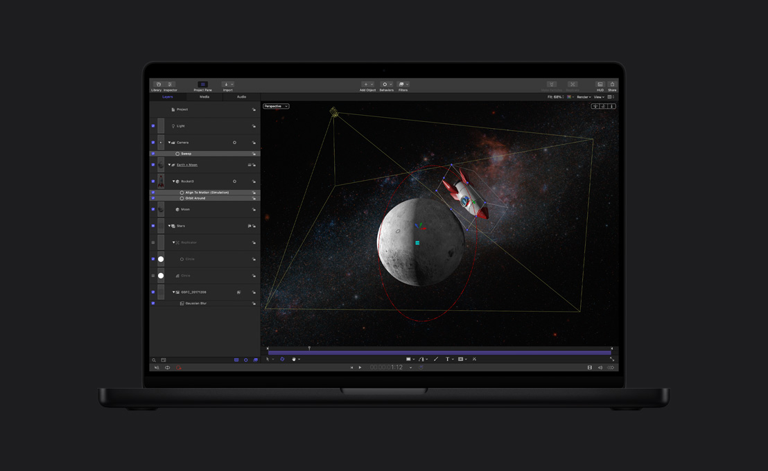 MacBook Pro รุ่น 16 นิ้ว, ภาพที่ดูสวยงามของจรวดที่โคจรอยู่รอบดวงจันทร์เพื่อสาธิตการจำลองการเคลื่อนไหว