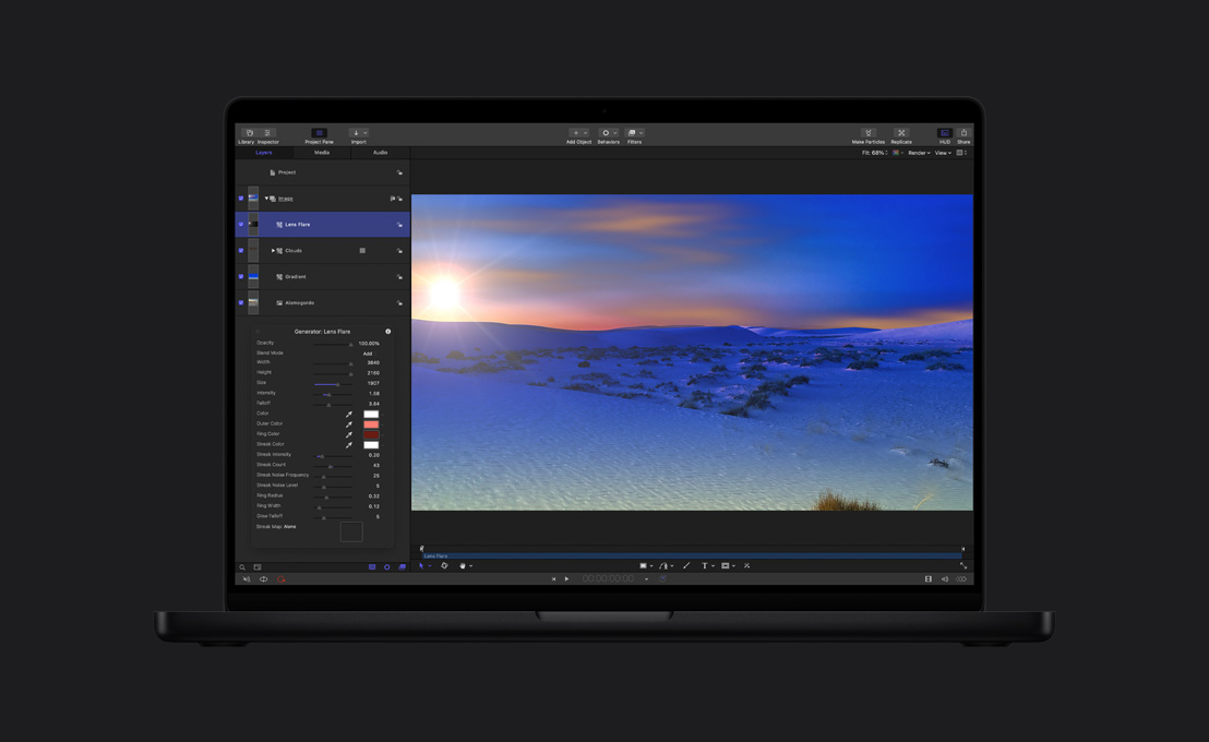 MacBook Pro รุ่น 16 นิ้ว, ภาพมุมกว้างของทิวทัศน์ที่ปกคลุมไปด้วยหิมะพร้อมการสาธิตการใช้เลนส์แฟลร์