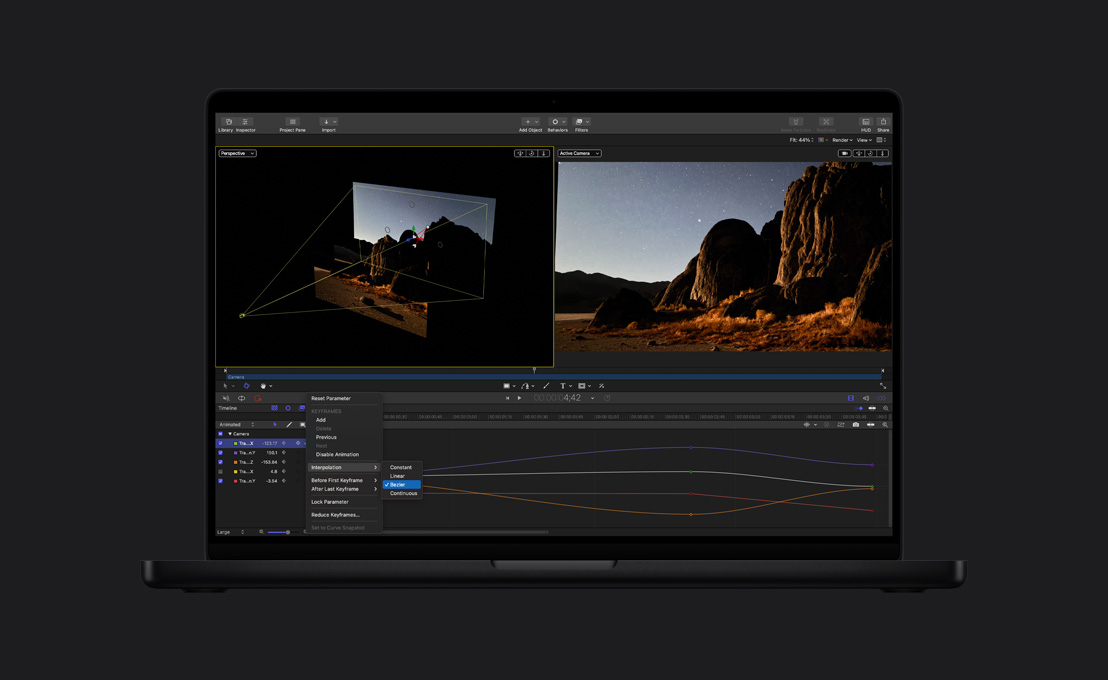 MacBook Pro รุ่น 16 นิ้ว, ทิวเขาพร้อมการสาธิตการแก้ไขคีย์เฟรม