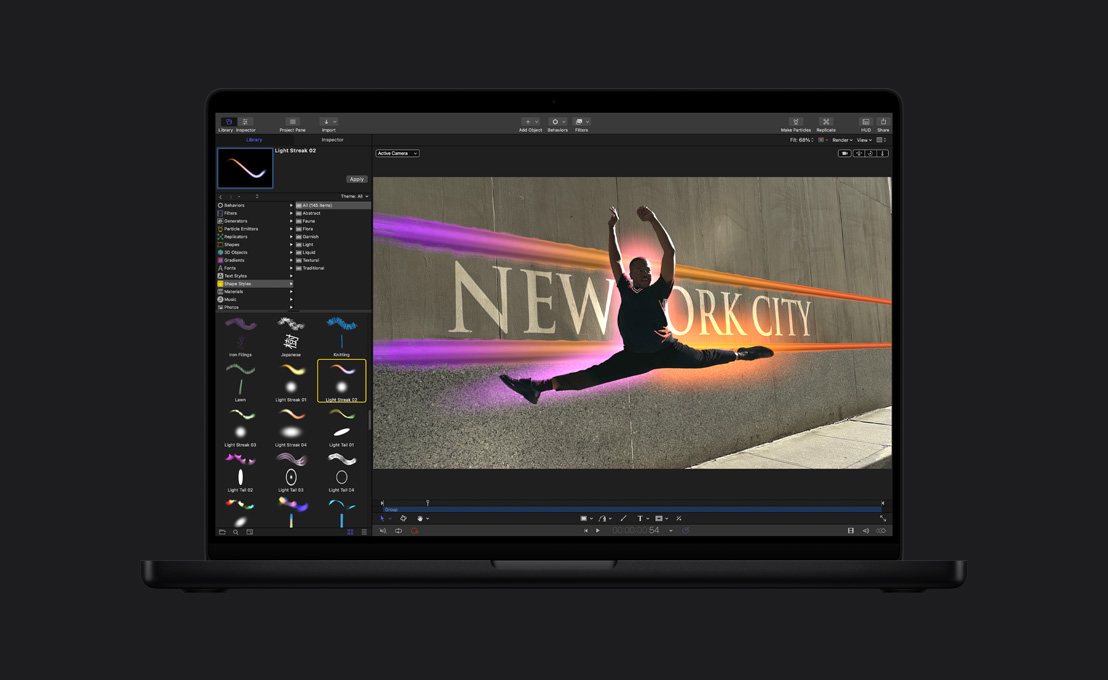 MacBook Pro รุ่น 16 นิ้ว, นักเต้นชายกำลังกระโดดกลางอากาศโดยมีรัศมีอยู่รอบตัว, การสาธิตเครื่องมือระบายสี